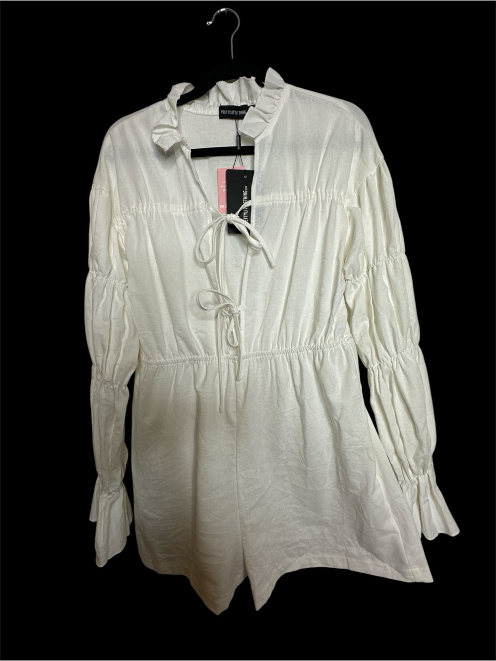PrettyLittleThing White Long Sleeve Tie Front Romper